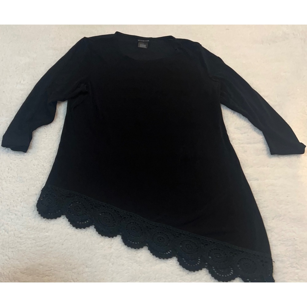 Citiknits Womens Black Asymmetrical Crochet Lace Trim Tunic Top Blouse Large